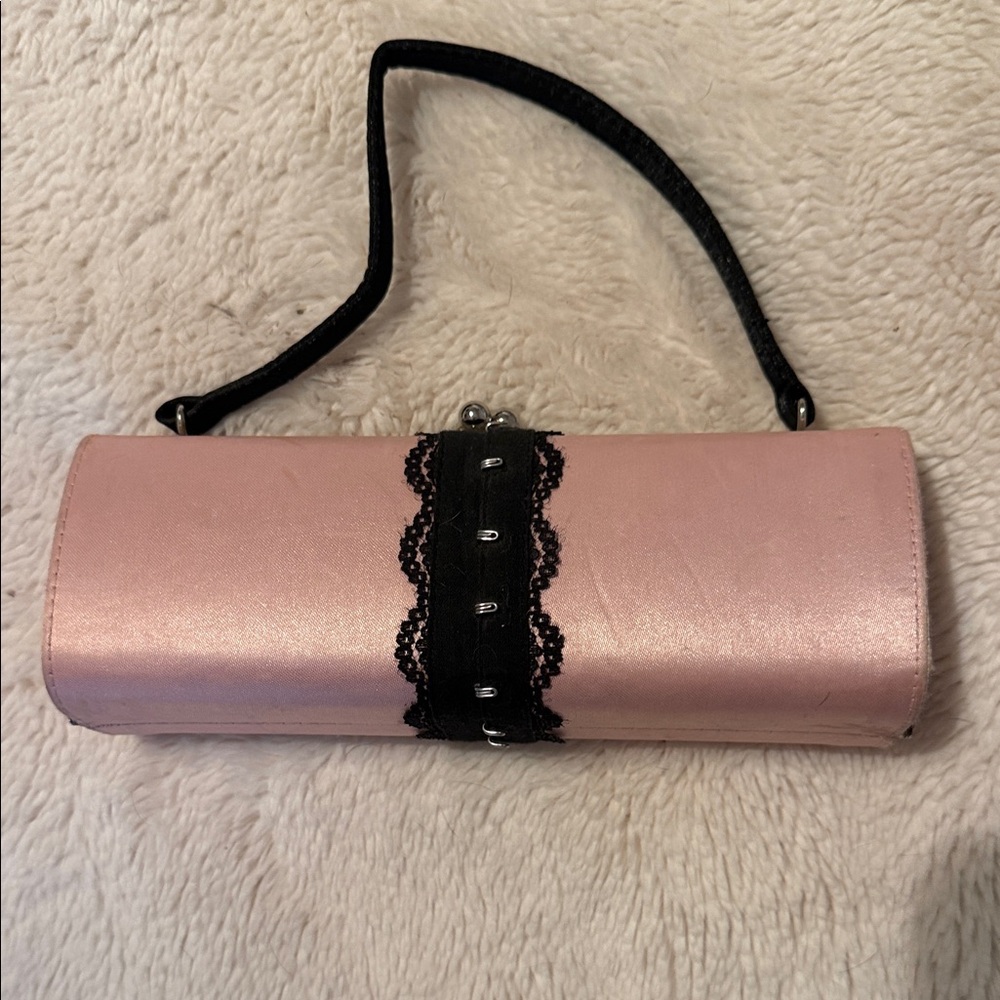Chic Pink Clutch with Black Lace Accent - Picture 1 of 4